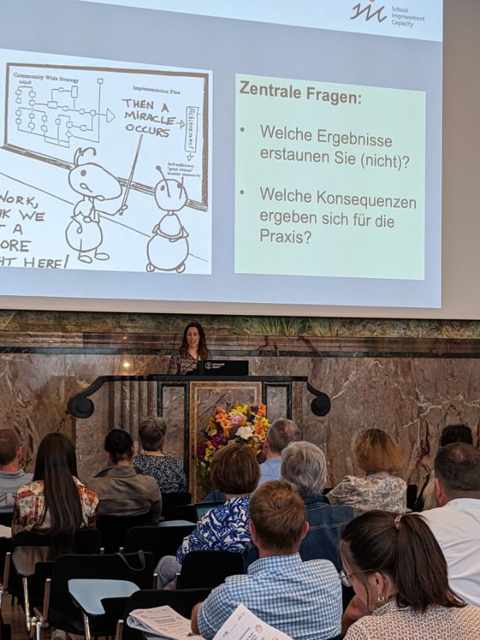 Andrea Wullschleger leitet über zum World Café: Welches sind die zentralen Fragen rund um die Knacknüsse der Schulentwicklung?